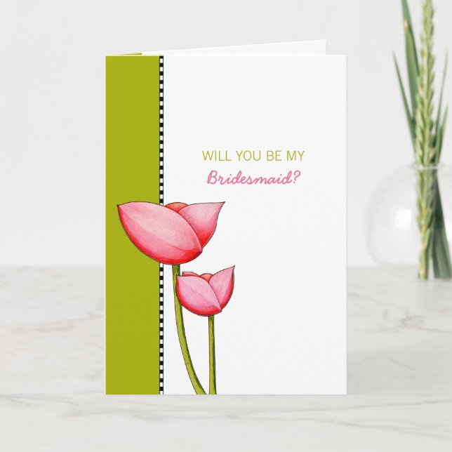 Simple Flowers green Be My Bridesmaid Card (Front)