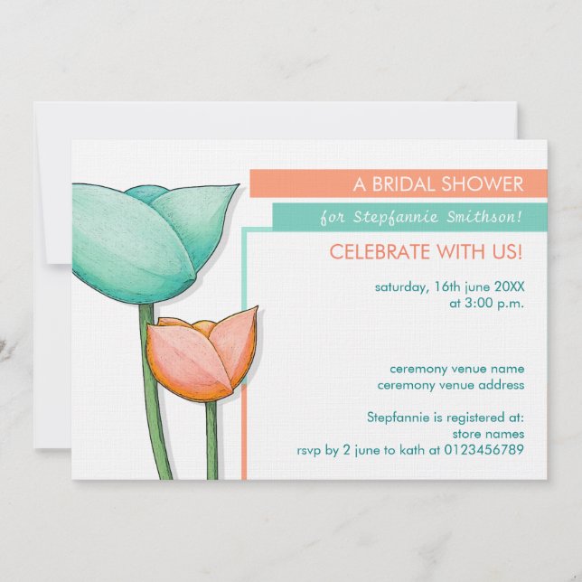 Simple Flowers teal orange Bridal Shower Invite (Front)