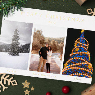 Simple foil Three Photo Merry Christmas Holiday Card