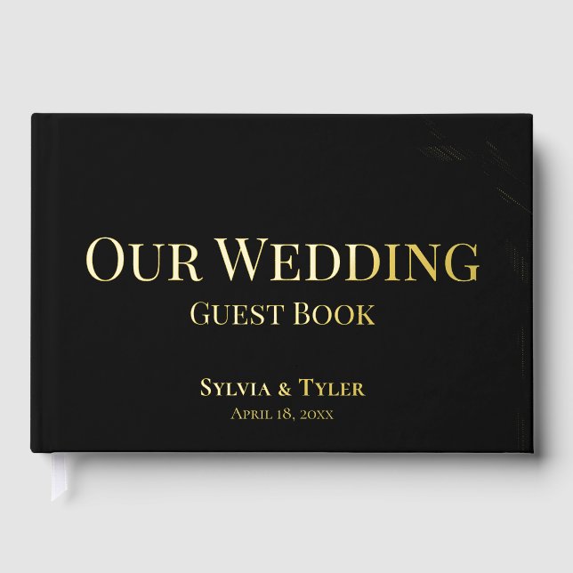 Simple Foliage Black Gold Foil Wedding Guest Book (Front)