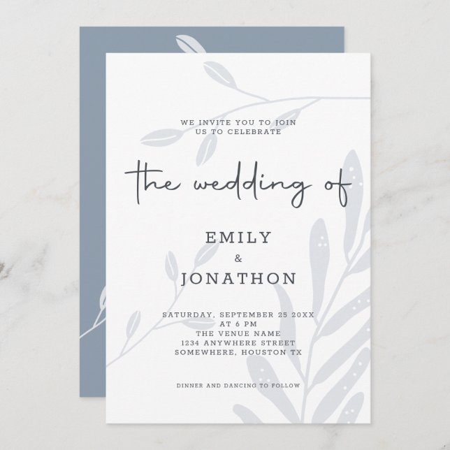 Simple Foliage Dusty Blue Wedding Invitation (Front/Back)