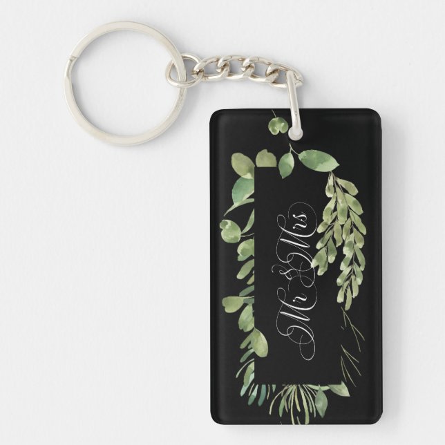 Simple Foliage/ Mr & Mrs / Wedding Date Key Ring (Front)