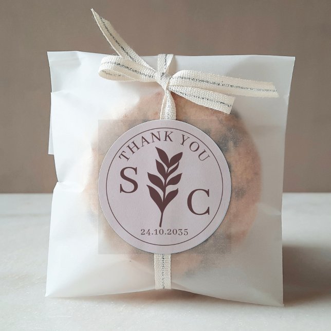 Simple Foliage TerracottaWedding Favour Monogram  Classic Round Sticker (Creator Uploaded)