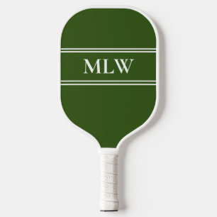 Simple Forest Green and White Monogrammed Pickleball Paddle