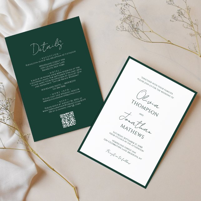 Simple Forest Green Border Script QR Code Wedding Invitation (Creator Uploaded)