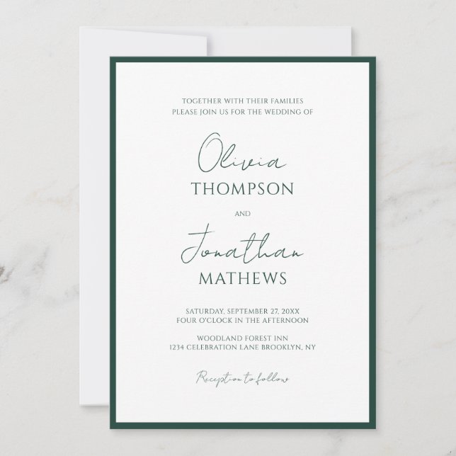 Simple Forest Green Border Script Wedding Invitation (Front)