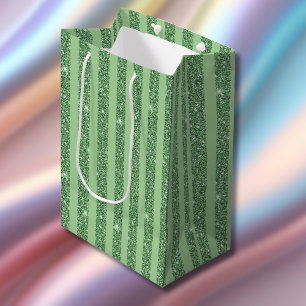 Simple Forest Green Glitter Style Vertical Stripes Medium Gift Bag