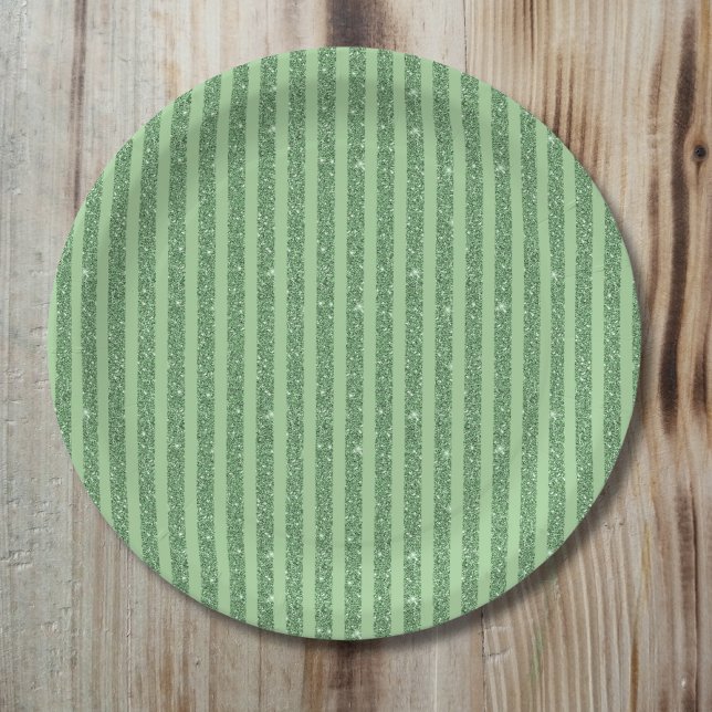 Simple Forest Green Glitter Style Vertical Stripes Paper Plate (Creator Uploaded)