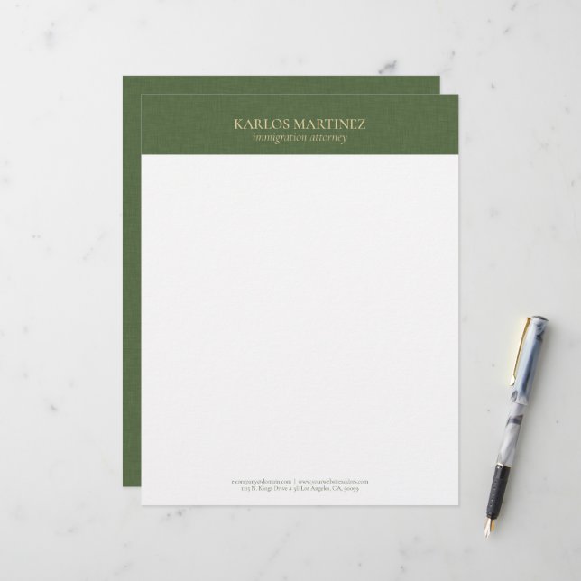 Simple Forest Green Linen Gold Typography Custom Letterhead (Front/Back In Situ)
