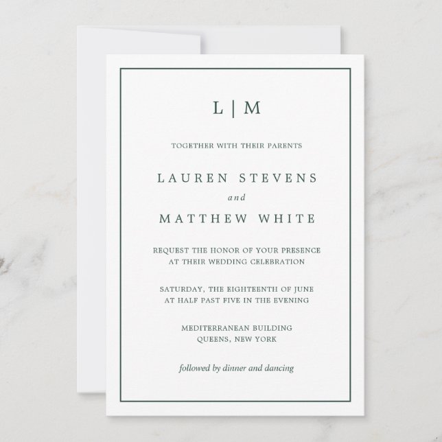 Simple Forest Green Monogram Elegant Wedding Invitation (Front)
