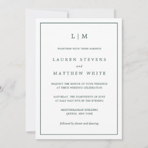 Simple Forest Green Monogram Elegant Wedding Invitation