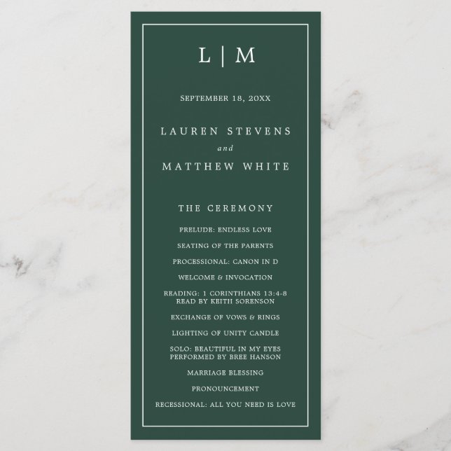 Simple Forest Green Monogram Elegant Wedding Program (Front)