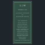 Simple Forest Green Monogram Elegant Wedding Program<br><div class="desc">Modern Wedding Program featuring a simple yet elegant design with a traditional layout. Your two letter monogram is at the top along with your details surrounded by a thin border. All design elements are white over a forest green background and may be changed in the design editing tool. A minimalist...</div>