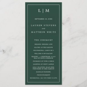 Simple Forest Green Monogram Elegant Wedding Program