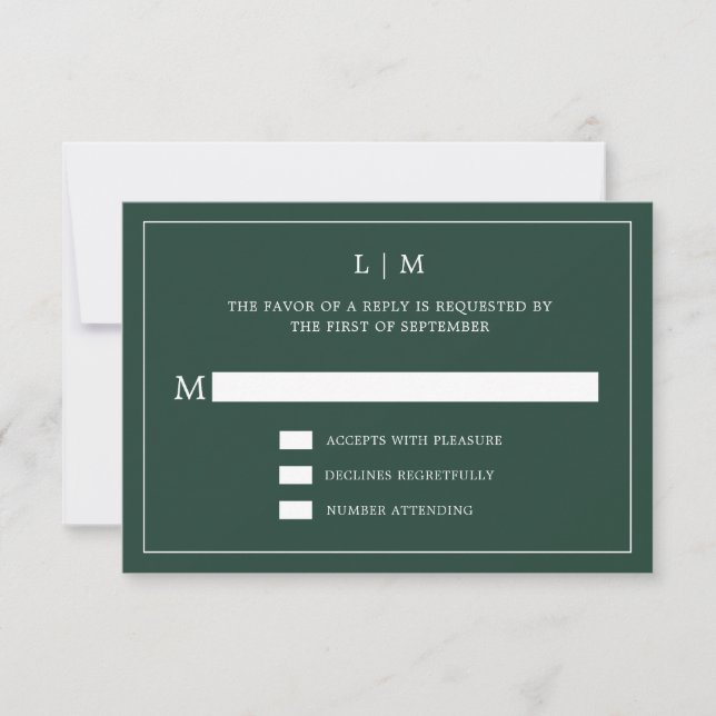 Simple Forest Green Monogram Elegant Wedding RSVP Card (Front)