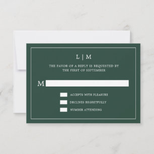 Simple Forest Green Monogram Elegant Wedding RSVP Card