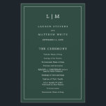 Simple Forest Green Monogram Wedding Program<br><div class="desc">Simple Wedding Program featuring a modern yet elegant design with your two letter monogram at the top and your details surrounded by a thin border. All text is in white over a forest green background and may be changed in the design editing tool. The front has your order of ceremony...</div>