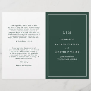 Simple Forest Green Monogram Wedding Program