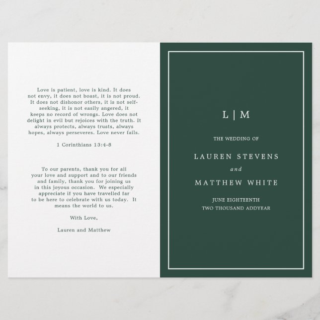 Simple Forest Green Monogram Wedding Program (Front)