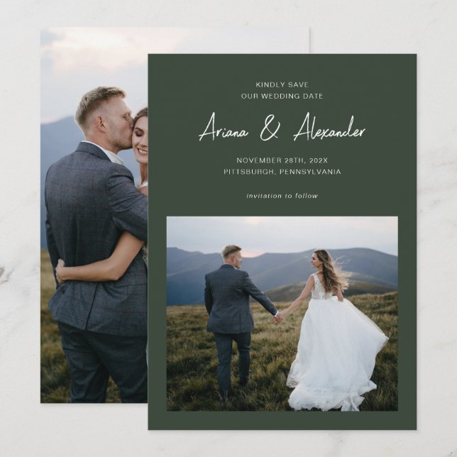 Simple Forest Green Script Photo Wedding Save The Date (Front/Back)
