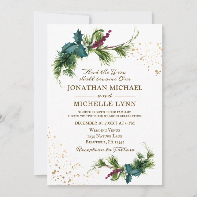 Simple Forest Pine Gold Splashes Christian Wedding Invitation (Front)