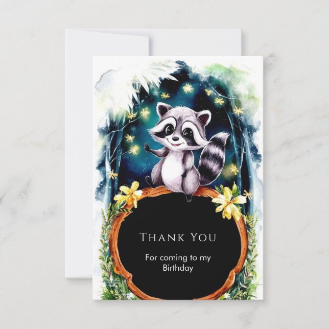 Simple Forest Racoon Birthday  Thank You Card (Front)