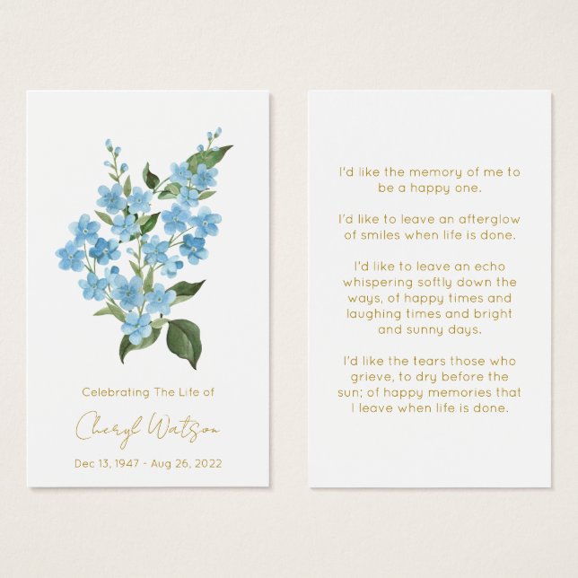 Simple Forget me not Funeral Memorial Prayer Card (Front & Back)