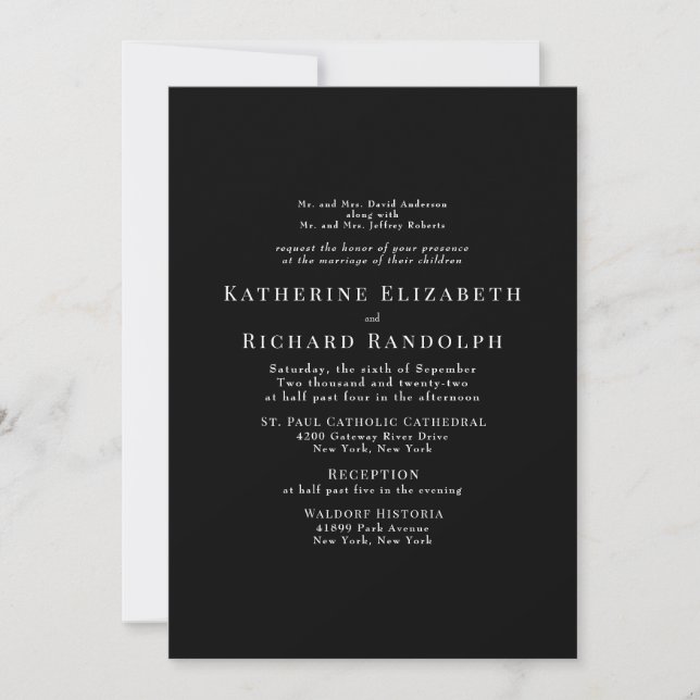 Simple Formal Black 2 Venue Wedding Invitation (Front)