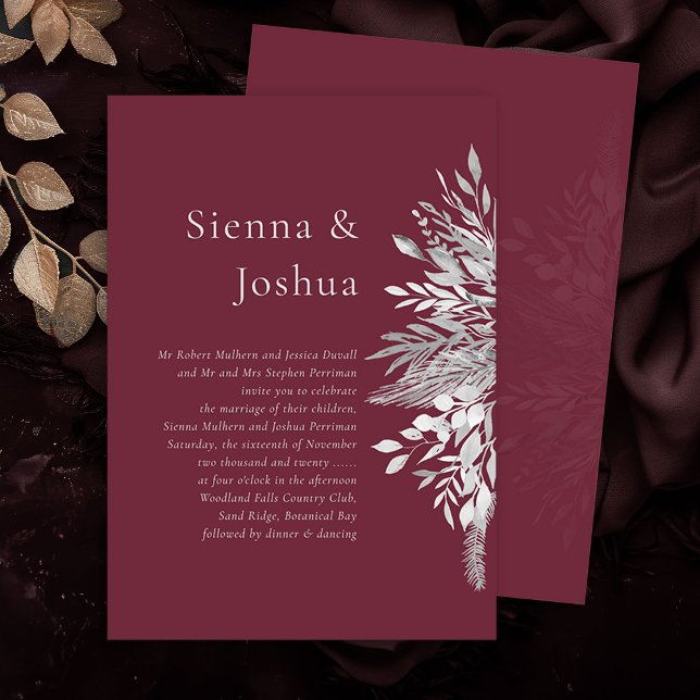 Simple Formal Burgundy Grey Botanical Wedding Invitation (Wedding Invitation in burgundy and grey from the Foliage Duet Collection by Darling & May)