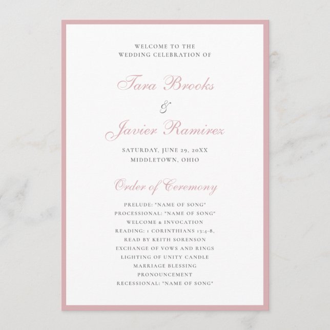 Simple Formal Elegant Pink Dusty Rose Wedding Program (Front)