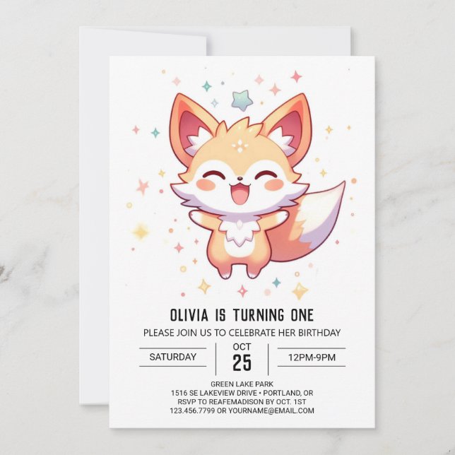 Simple Fox 1st Birthday Invitation (Front)