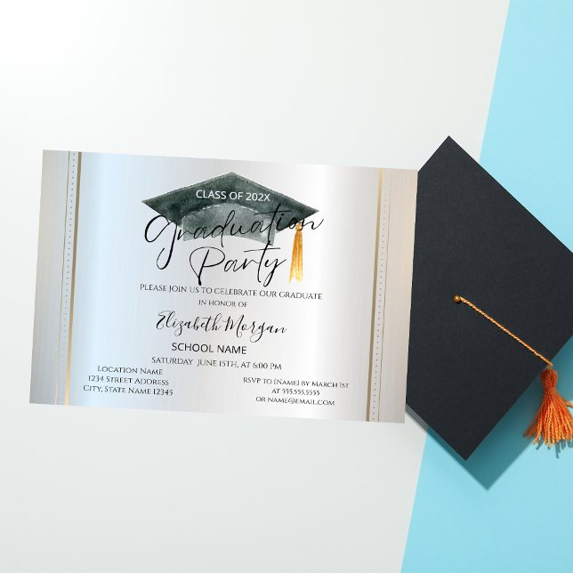 Simple Frame Graduation Cap Silver Graduation Invitation (Creator Uploaded)