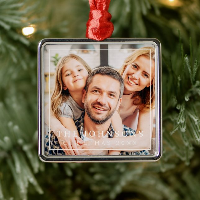 Simple Frame Modern Chic Family Photo Holiday Metal Ornament (Tree)