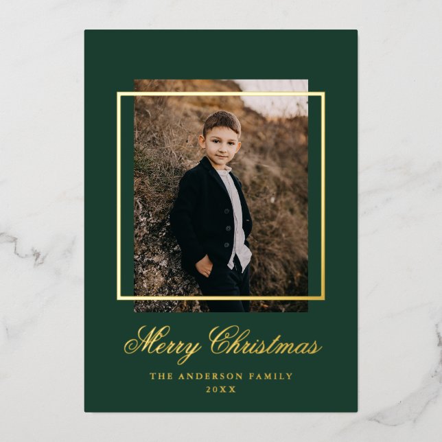 Simple Frame Photo Green and Gold Foil Holiday Card (Front)