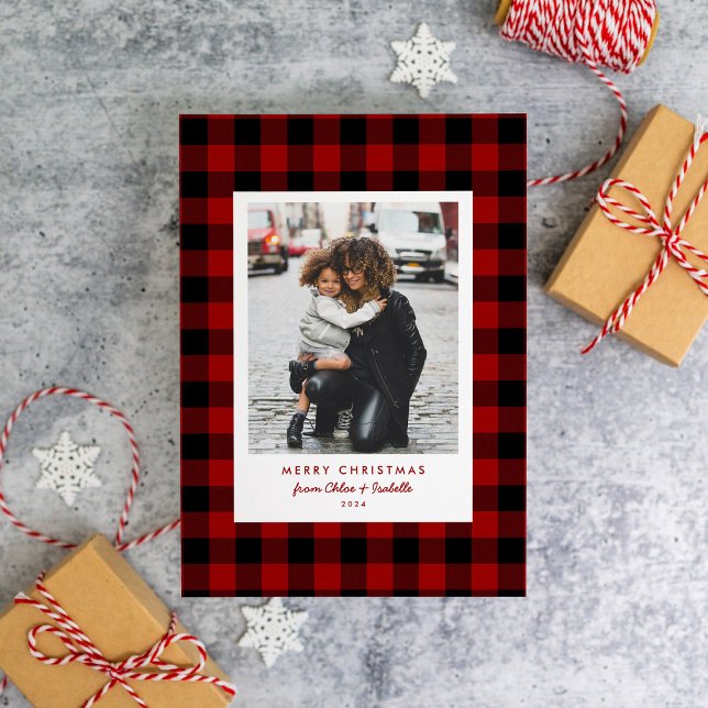 Simple Frame Red Buffalo Plaid Christmas Photo Holiday Card (Creator Uploaded)