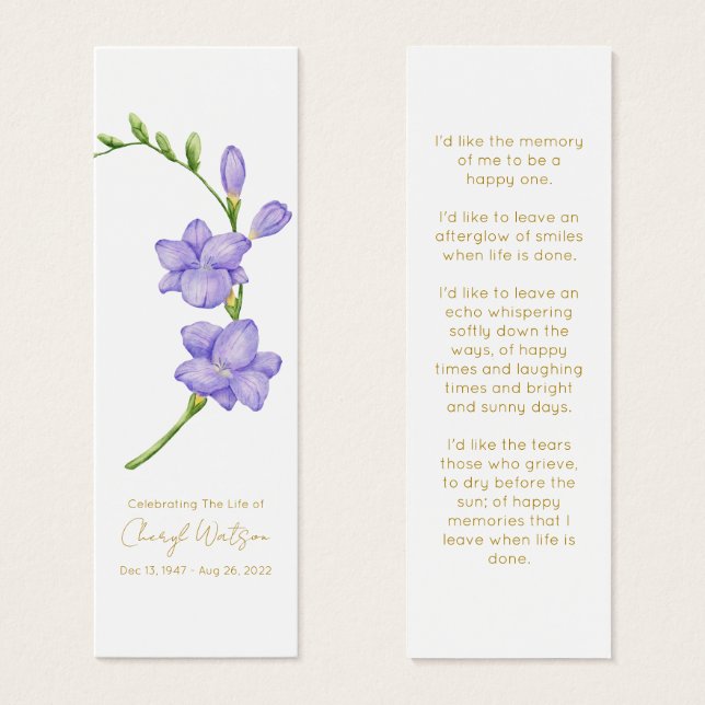 Simple Freesia Funeral Memorial Bookmark (Front & Back)
