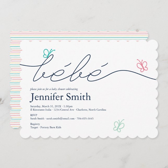 Simple French Bebe Butterfly Baby Shower Invitation (Front/Back)