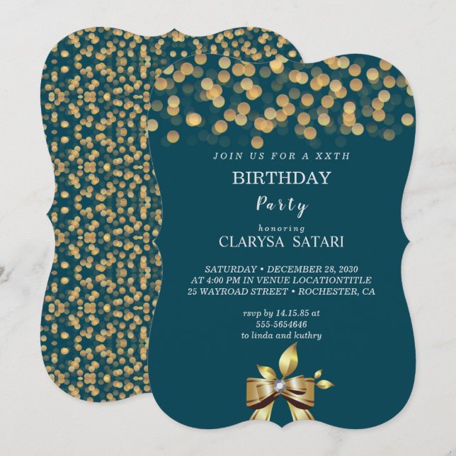 Simple fresh colourful gold  bow Birthday party Invitation (Front/Back)