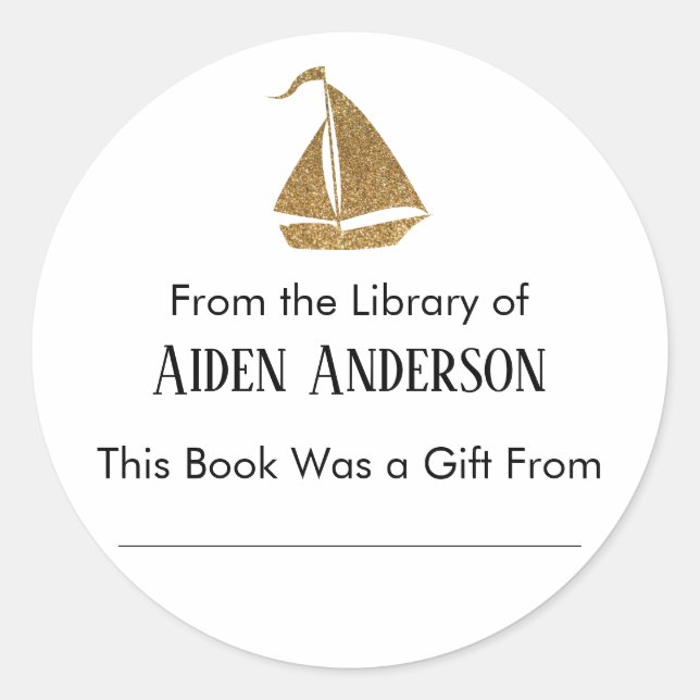 Simple From the Library of Gold Sailboat Bookplate Classic Round Sticker (Front)