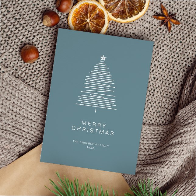 Simple Frost Blue Line Art Merry Christmas Tree Holiday Card (Creator Uploaded)