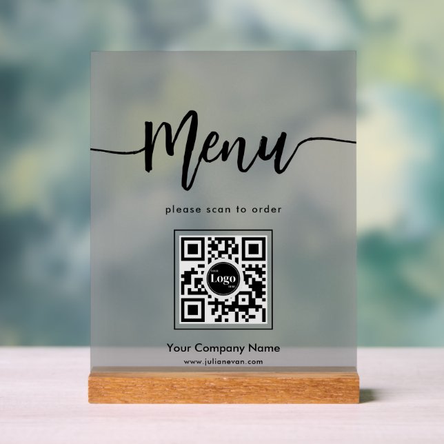Simple Frosted Minimalist Menu Script QR Code Acrylic Sign (Neutral)