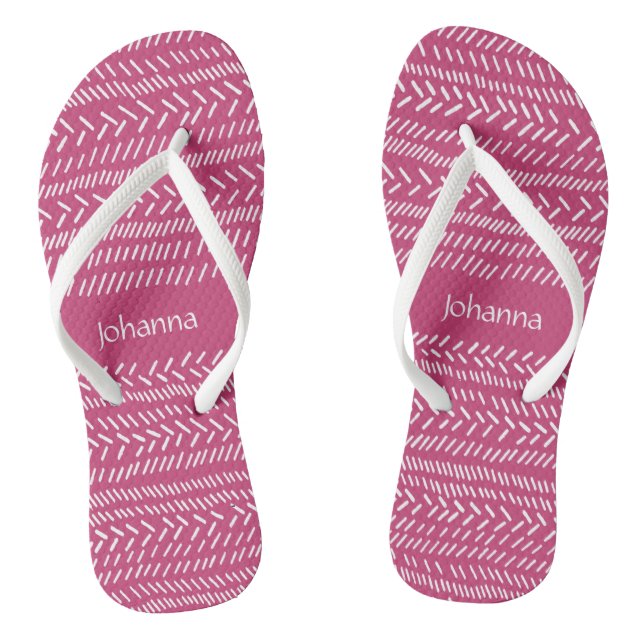 Simple Fuchsia Pink White Stripes Boho Add Name Thongs (Footbed)
