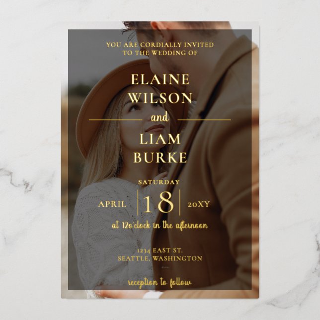 Simple Full Photo Overlay Wedding Foil Invitation (Front)