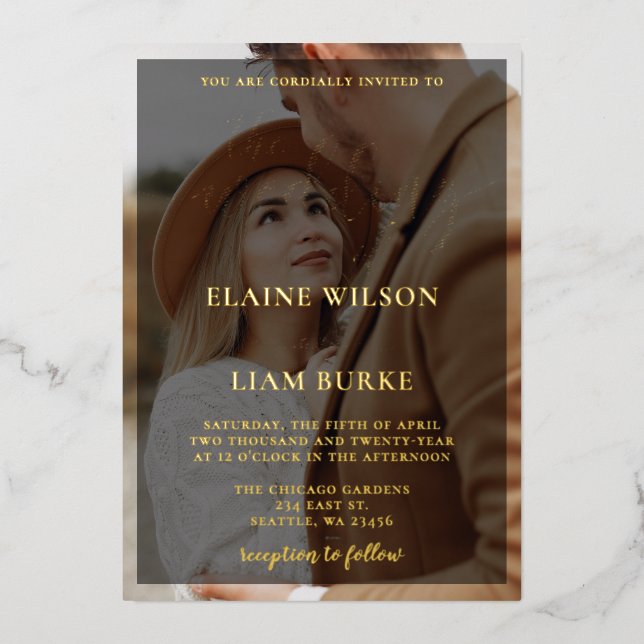 Simple Full Photo Overlay Wedding Foil Invitation (Front)