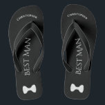 Simple Fun Best Man Name & Bow Tie Wedding Thongs<br><div class="desc">These fun flip flops are a great way to thank the best man at your wedding, and a wonderful way to give his feet a break after a long day! They feature a simple white on black design with his name at the top, the words "Best Man" spelled out in...</div>