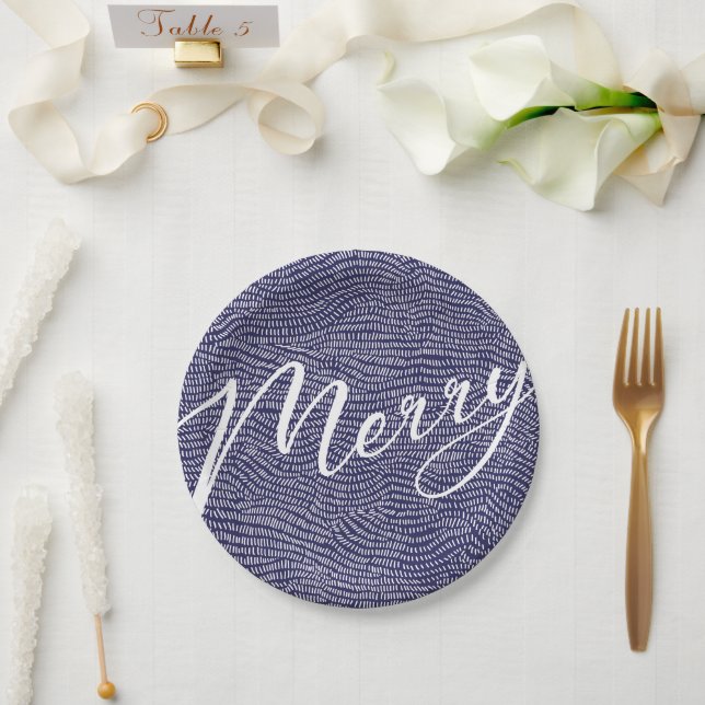 Simple Fun Blue Doodle Merry Christmas Holiday Paper Plate (Wedding)