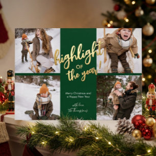 Simple Fun Brushed Script Green Photo Collage Foil Holiday Card