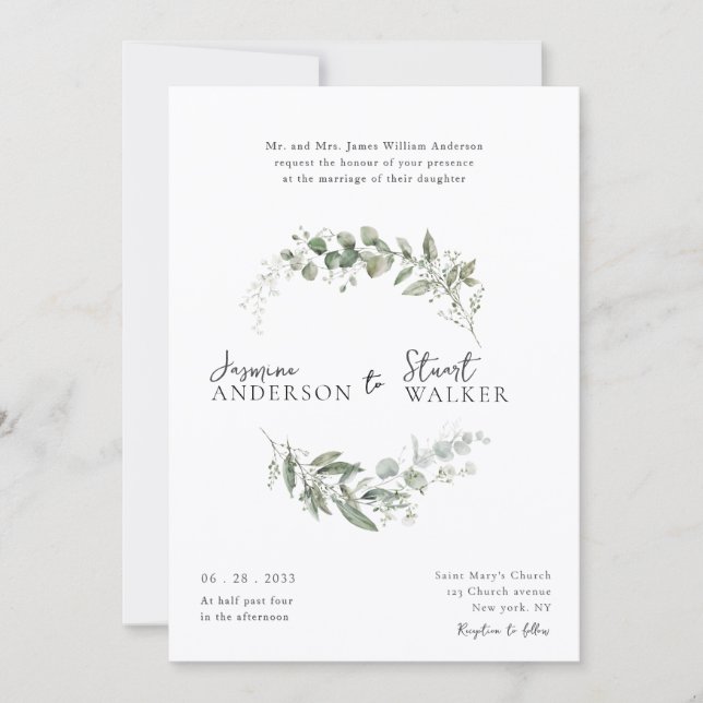 simple fun Eucalyptus Wreath Greenery Wedding  Invitation (Front)