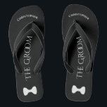 Simple Fun Groom's Name & Bow Tie Wedding Thongs<br><div class="desc">These fun flip flops are a designed as a fun way for the groom to save his feet after a long day, and get ready to dance all night long! They feature a simple white on black design with his name at the top, the words "The Groom" spelled out in...</div>