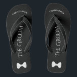 Simple Fun Groom's Name & Bow Tie Wedding Thongs<br><div class="desc">These fun flip flops are a designed as a fun way for the groom to save his feet after a long day, and get ready to dance all night long! They feature a simple white on black design with his name at the top, the words "The Groom" spelled out in...</div>